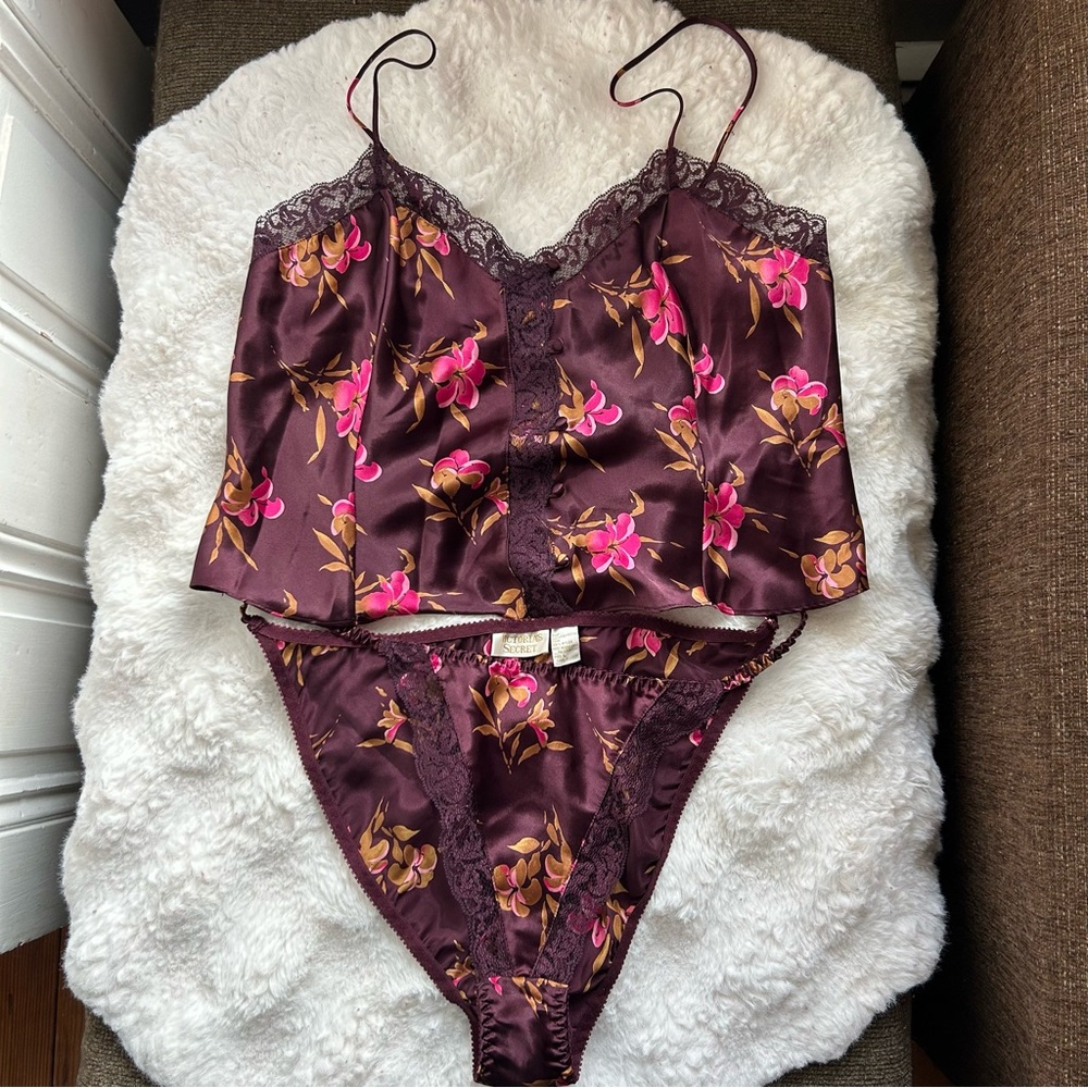 Vintage Victoria's Secret Burgundy and Pink Floral Lingerie 2 pc set Size L